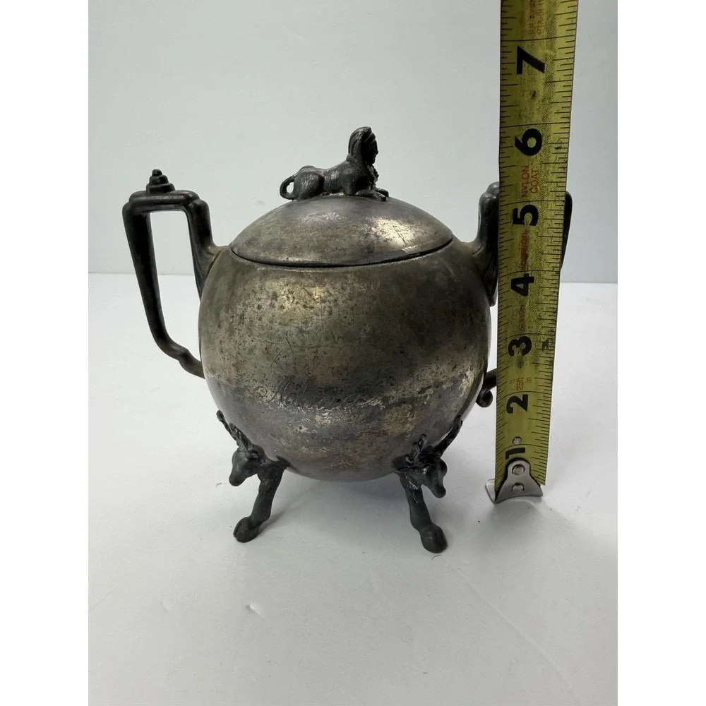 Antique Simpson Hall Miller Sphinx Deer Heads Silver Plate‎ Sugar Bowl Engraved